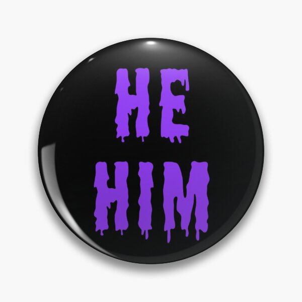 Item preview, He/him trans pronouns pin button purple spooky horror goth designed and sold by nexus-vi.