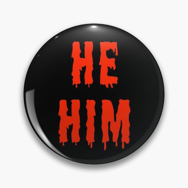 Item preview, He/him trans pronouns pin button red spooky horror goth designed and sold by nexus-vi.