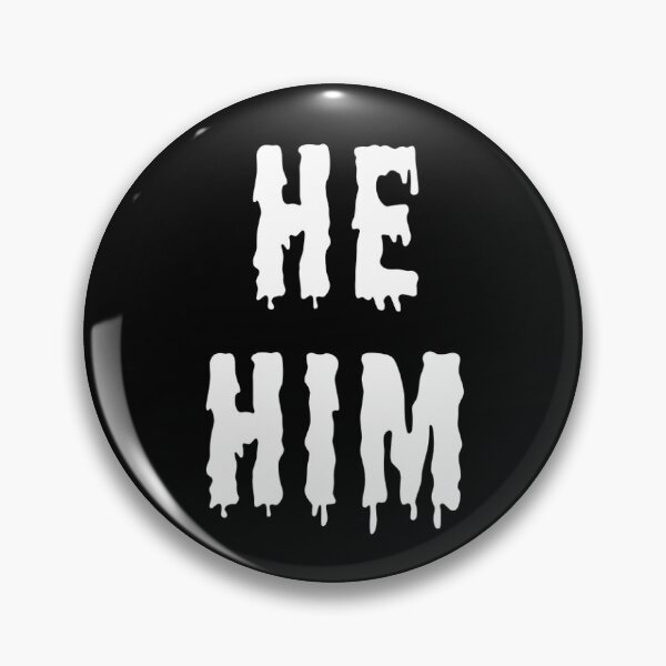 Item preview, He/him trans pronouns pin button white spooky horror goth designed and sold by nexus-vi.