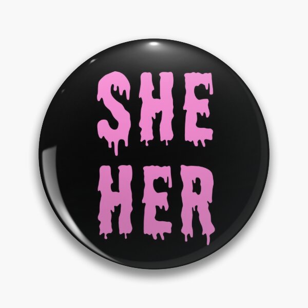 Item preview, She/her trans pronouns pin button pastel pink spooky horror goth designed and sold by nexus-vi.