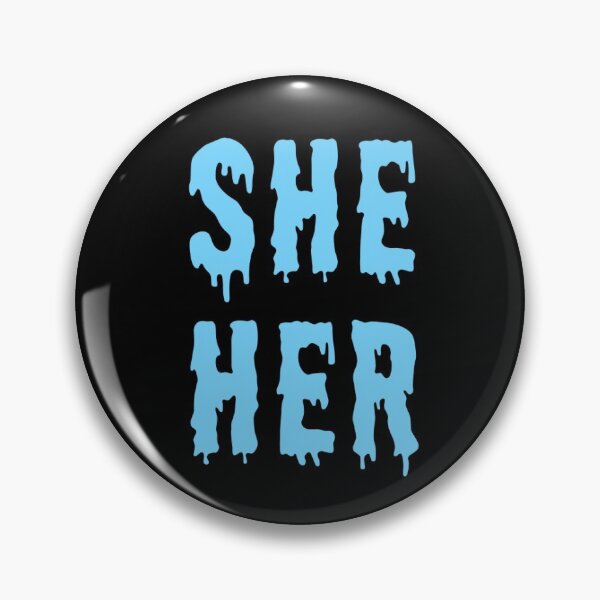 Item preview, She/her trans pronouns pin button pastel blue spooky horror goth designed and sold by nexus-vi.