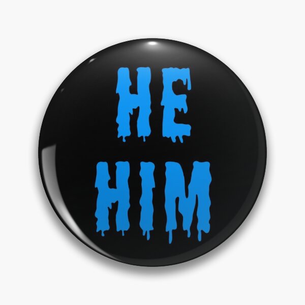 Item preview, He/him trans pronouns pin button blue spooky horror goth designed and sold by nexus-vi.
