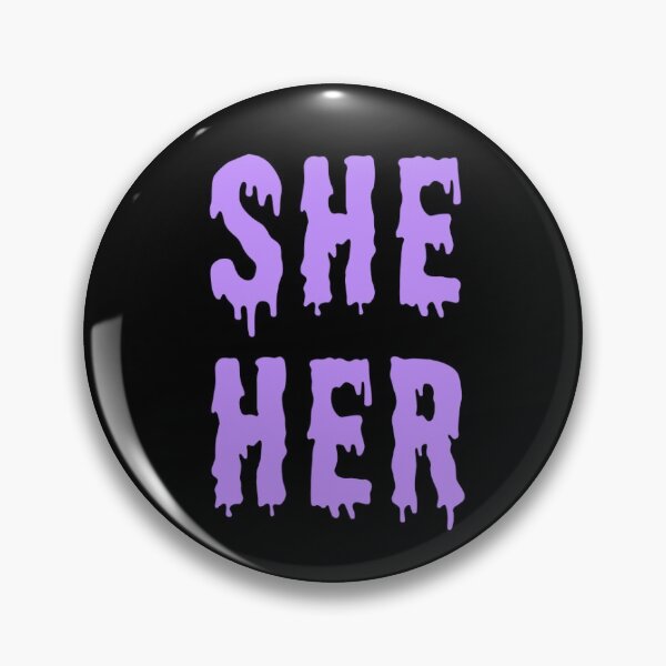 Item preview, She/her trans pronouns pin button lavender spooky horror goth designed and sold by nexus-vi.