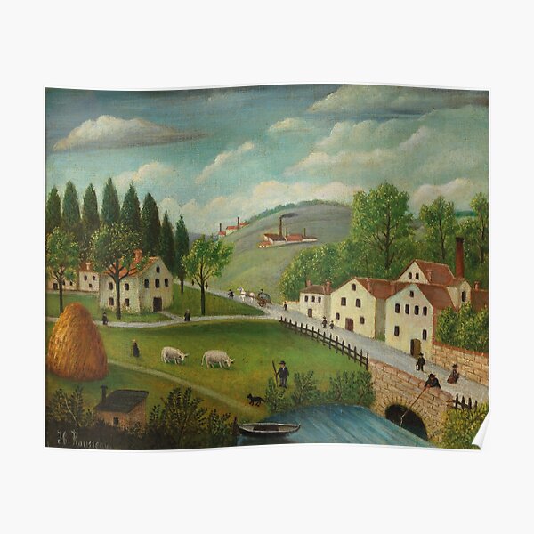 Pastoral landscape with stream, fisherman and strollers By Henri Rousseau (French, 1844-1910). Poster