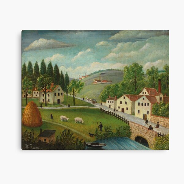 Pastoral landscape with stream, fisherman and strollers By Henri Rousseau (French, 1844-1910). Canvas Print