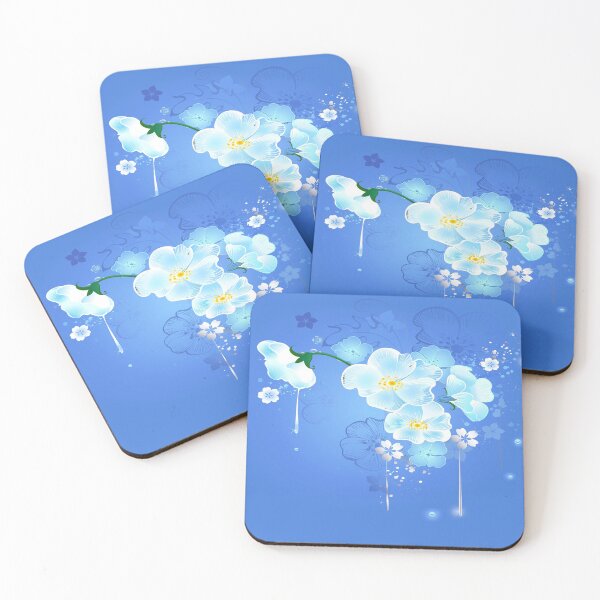 Item preview, White Cherry flowers on Blue Cyan background designed and sold by RaianasHome.