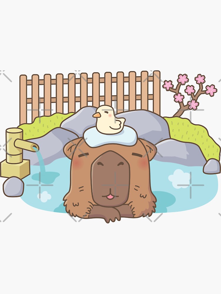 Cute Capybara Relaxing in Onsen Hot Spring Sticker for Sale by rustydoodle