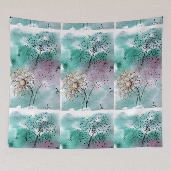 Item preview, Abstraction Turquoise dandelion Sketch Ink and Watercolor designed and sold by VittaArtDream.