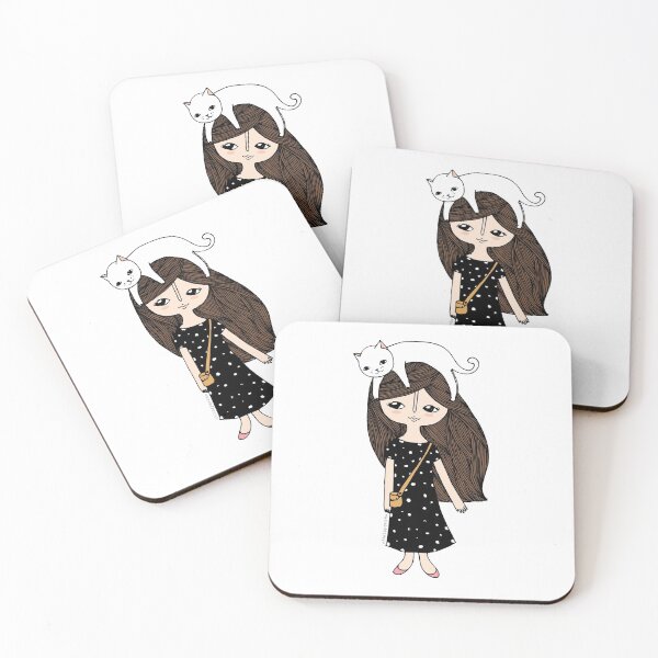 Item preview, girl in pokadot dress ane white cat designed and sold by chintaparchu.