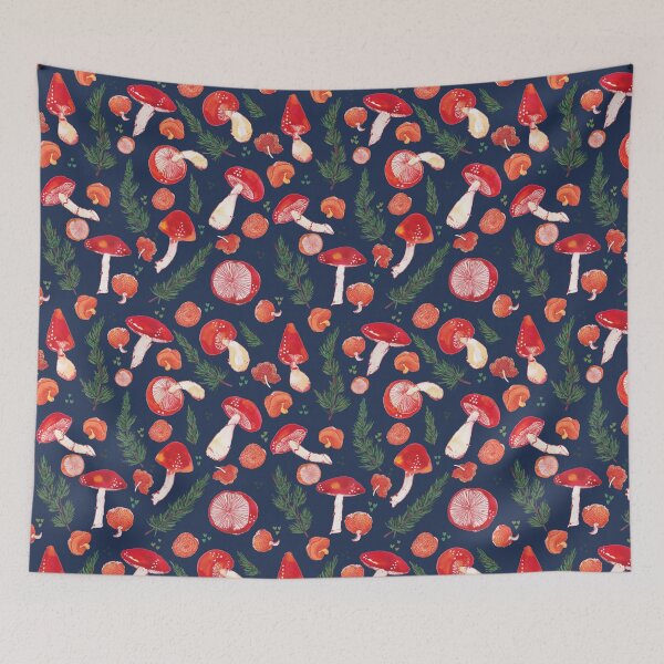 Item preview, Red mushrooms on navy designed and sold by ArtscapesAmita.