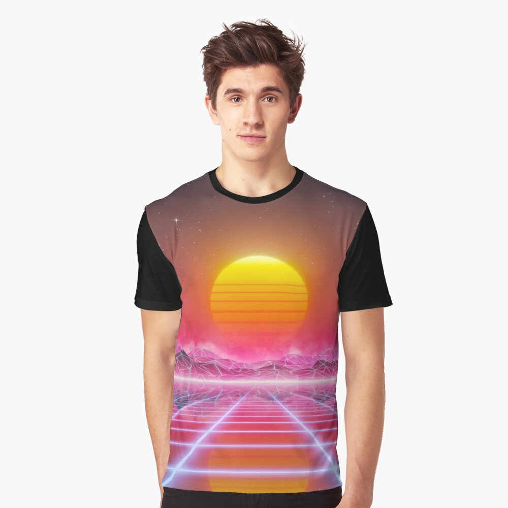 80s retro sun in synthwave landscape (Magenta/Pink) Graphic T-Shirt