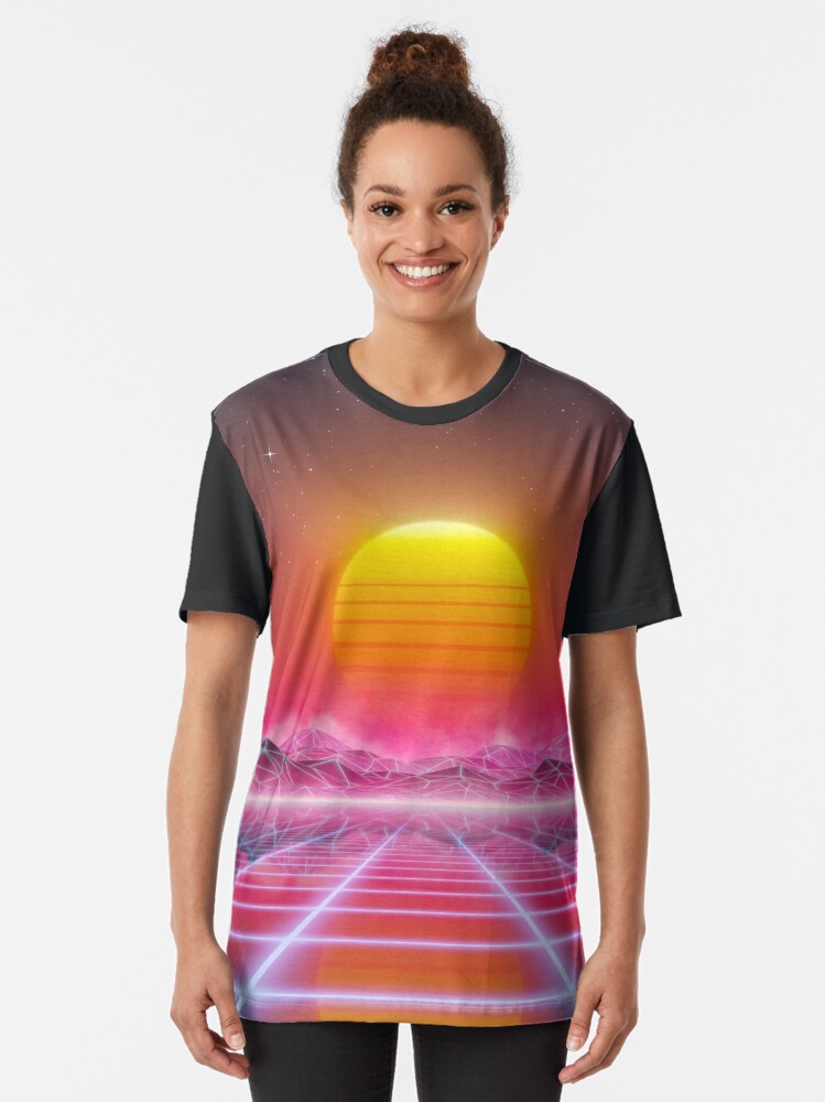 Alternate view of 80s retro sun in synthwave landscape (Magenta/Pink) Graphic T-Shirt
