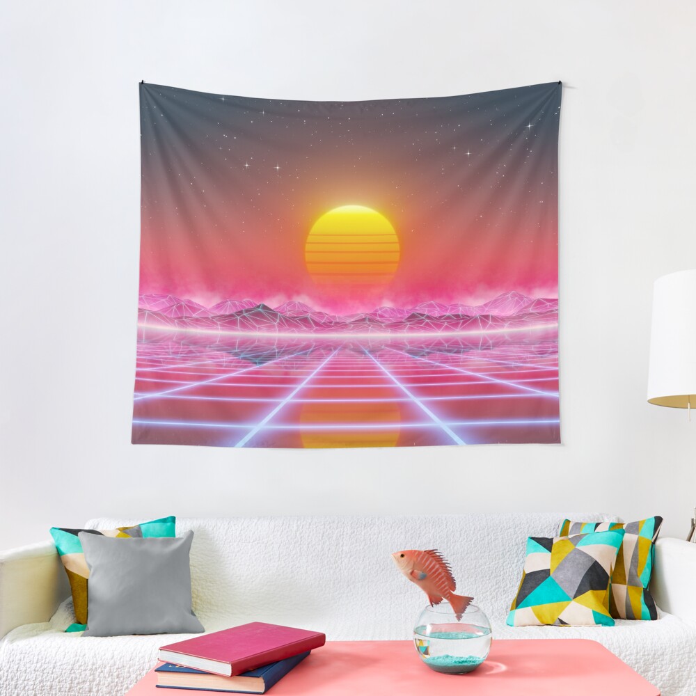 80s retro sun in synthwave landscape (Magenta/Pink) Tapestry