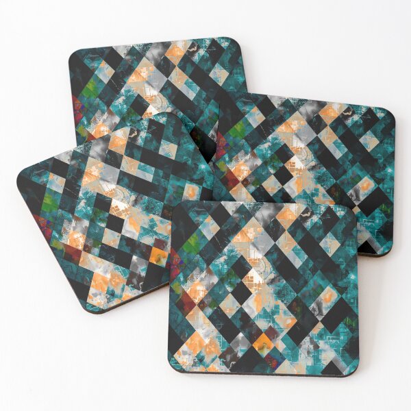 Item preview, geometric pixel square pattern abstract art in blue green orange brown designed and sold by Mrvell.