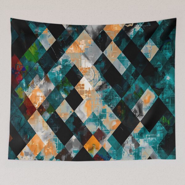 Item preview, geometric pixel square pattern abstract art in blue green orange brown designed and sold by Mrvell.