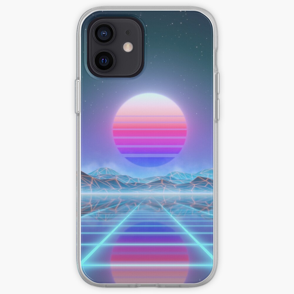 80s retro sun in synthwave landscape (Blue/Purple) iPhone Case