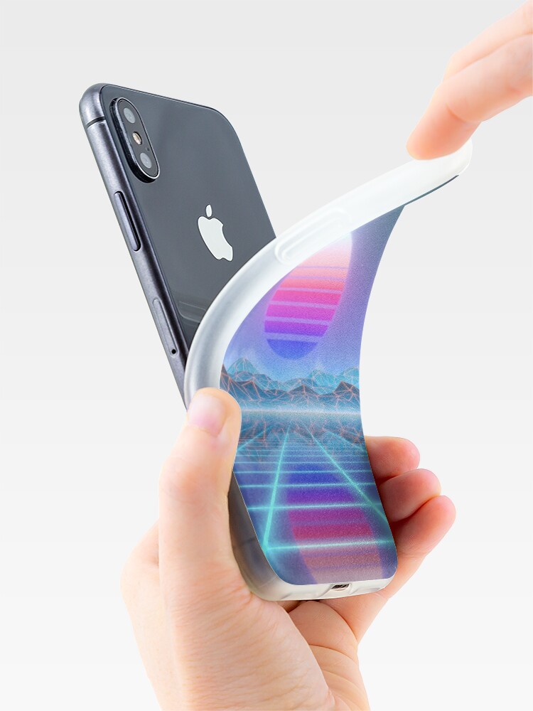 Alternate view of 80s retro sun in synthwave landscape (Blue/Purple) iPhone Case