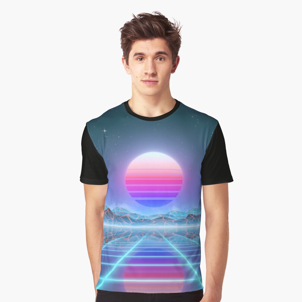 80’s retro sun in synthwave landscape (Blue/Purple) Graphic T-Shirt