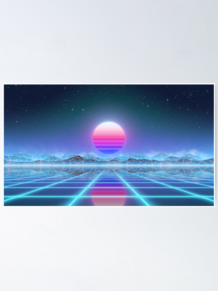 Alternate view of 80s retro sun in synthwave landscape (Blue/Purple) Poster