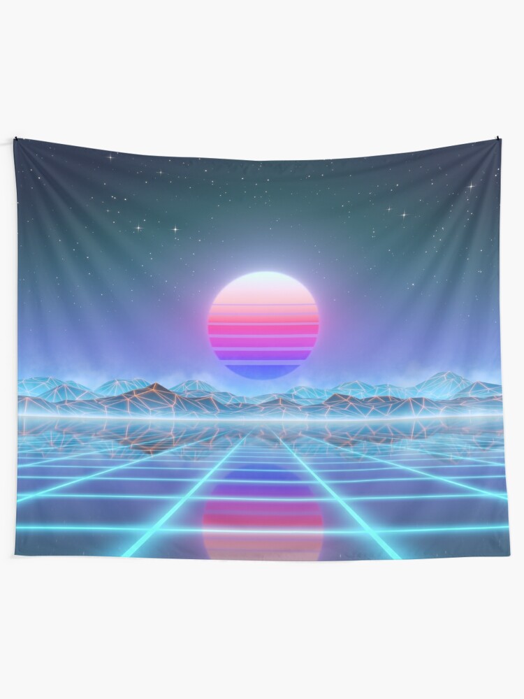 Alternate view of 80’s retro sun in synthwave landscape (Blue/Purple) Tapestry