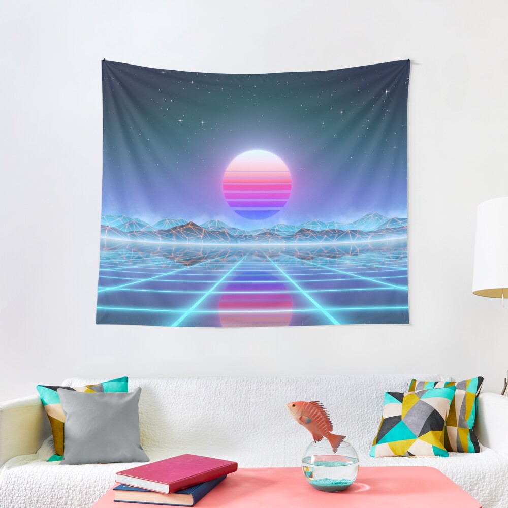 80’s retro sun in synthwave landscape (Blue/Purple) Tapestry