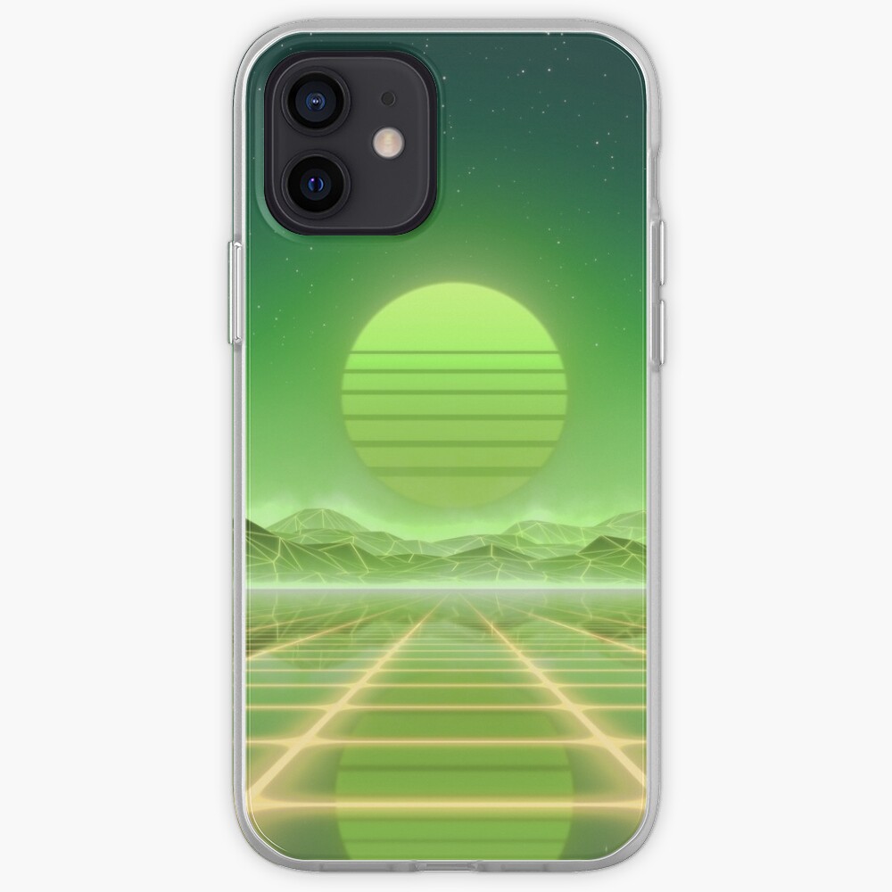 80’s retro sun in synthwave landscape (Green) iPhone Case