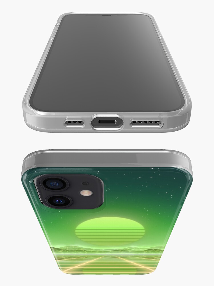 Alternate view of 80’s retro sun in synthwave landscape (Green) iPhone Case