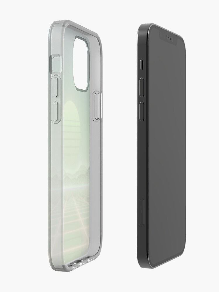 Alternate view of 80’s retro sun in synthwave landscape (Green) iPhone Case