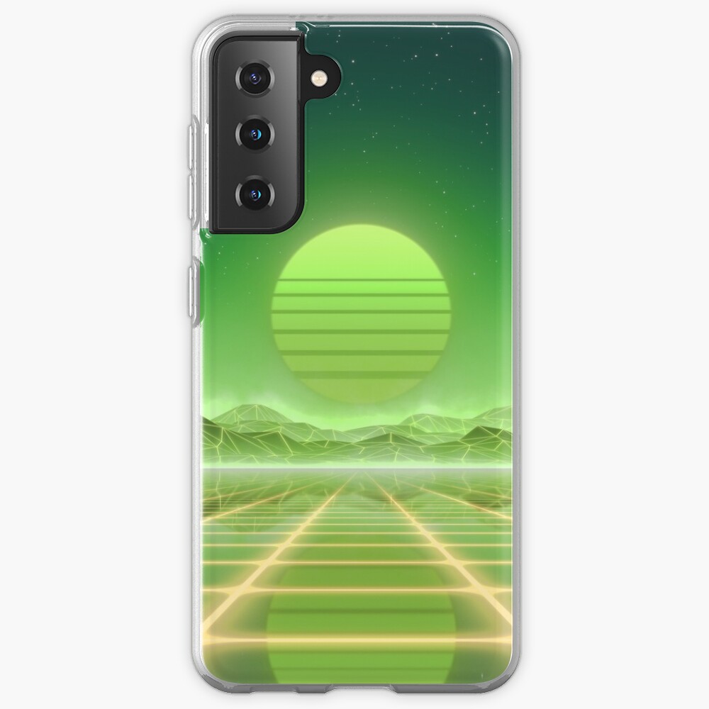 80’s retro sun in synthwave landscape (Green) Samsung Galaxy Phone Case