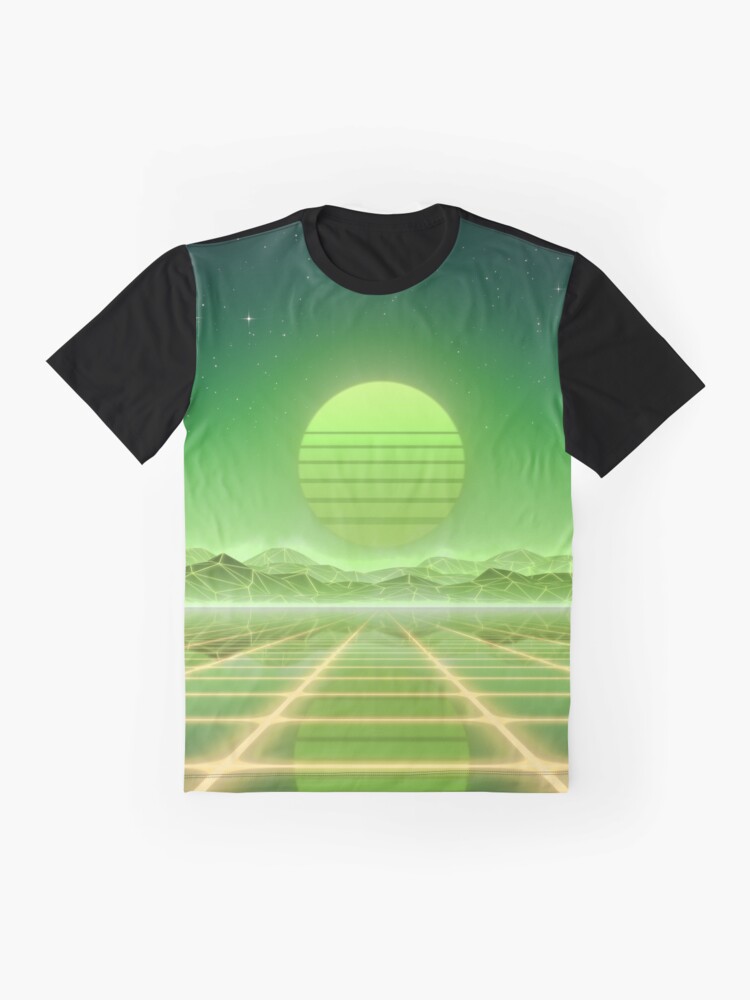 Alternate view of 80s retro sun in synthwave landscape (Green) Graphic T-Shirt