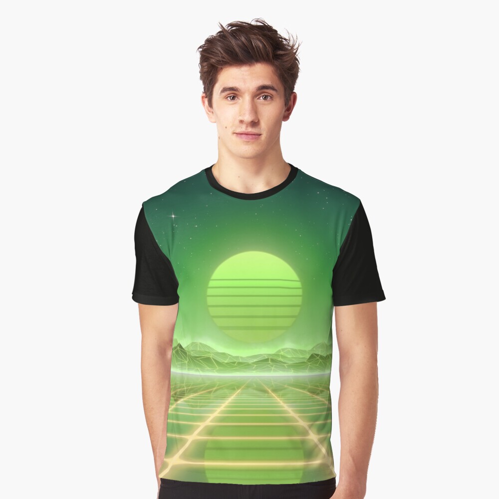80s retro sun in synthwave landscape (Green) Graphic T-Shirt