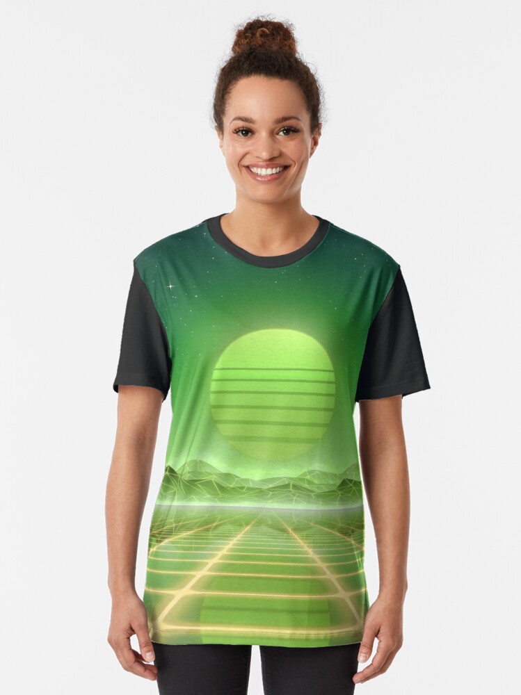 Alternate view of 80s retro sun in synthwave landscape (Green) Graphic T-Shirt