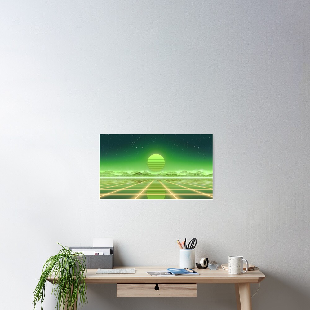 80’s retro sun in synthwave landscape (Green) Poster