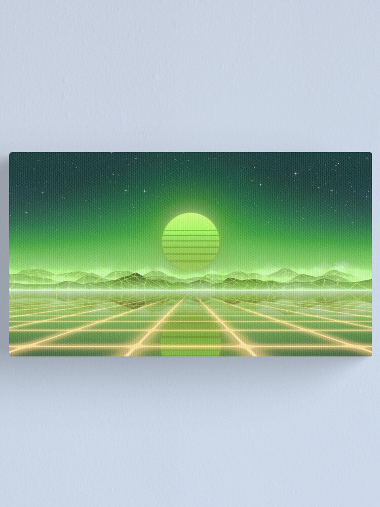 Alternate view of 80’s retro sun in synthwave landscape (Green) Canvas Print