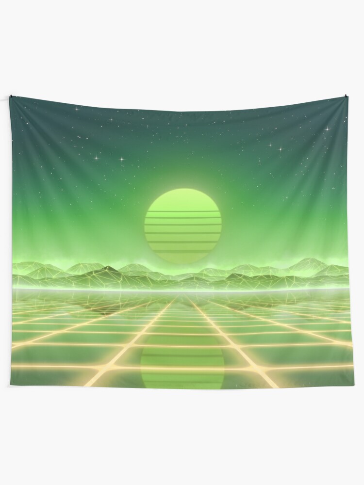 Alternate view of 80s retro sun in synthwave landscape (Green) Tapestry