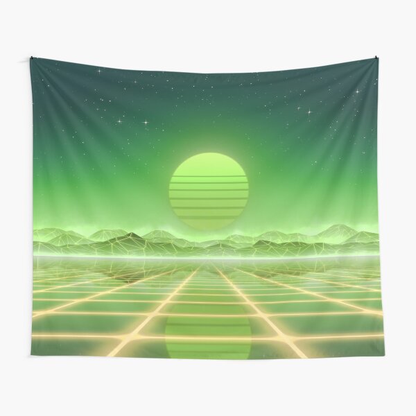 80’s retro sun in synthwave landscape (Green) Tapestry