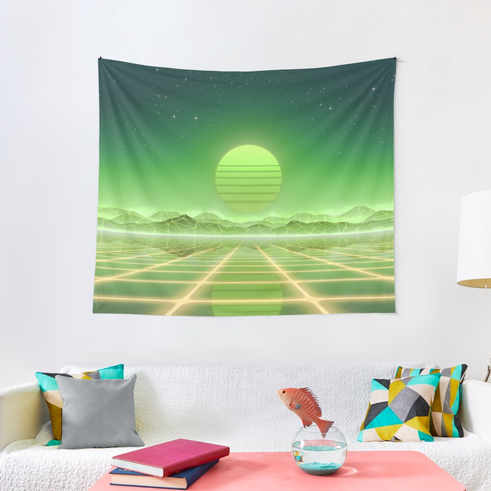 80s retro sun in synthwave landscape (Green) Tapestry