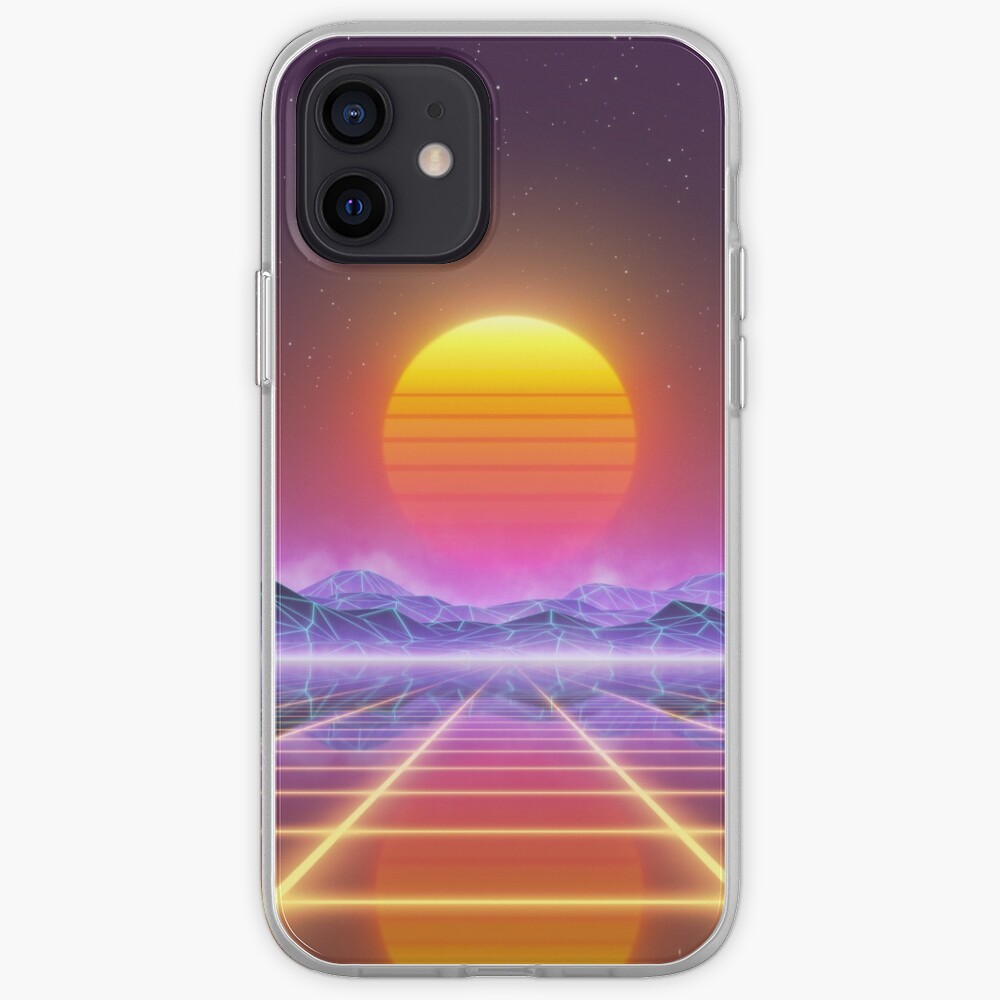 80s retro sun in synthwave landscape (Blue/Purple/Yellow) iPhone Case