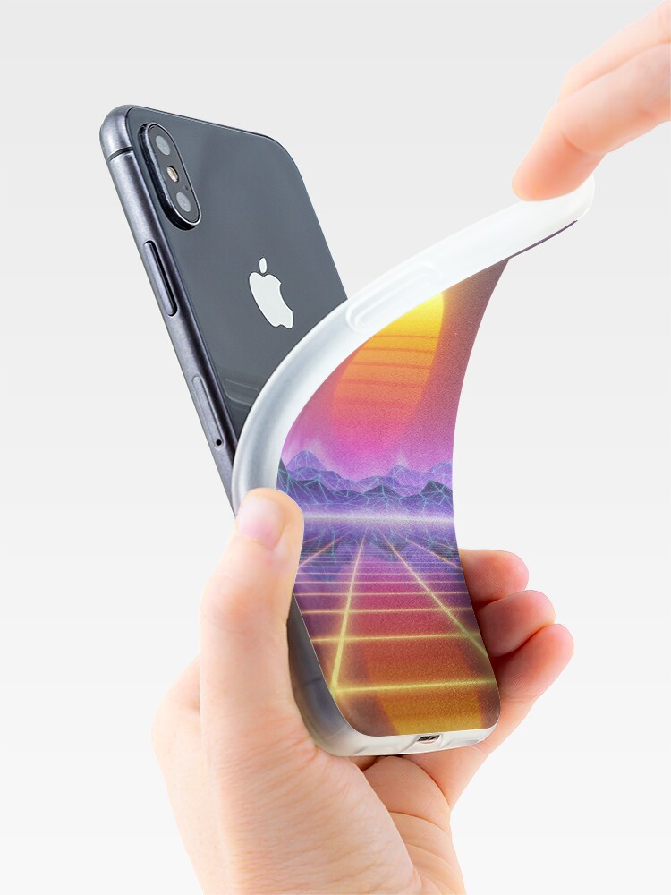 Alternate view of 80s retro sun in synthwave landscape (Blue/Purple/Yellow) iPhone Case