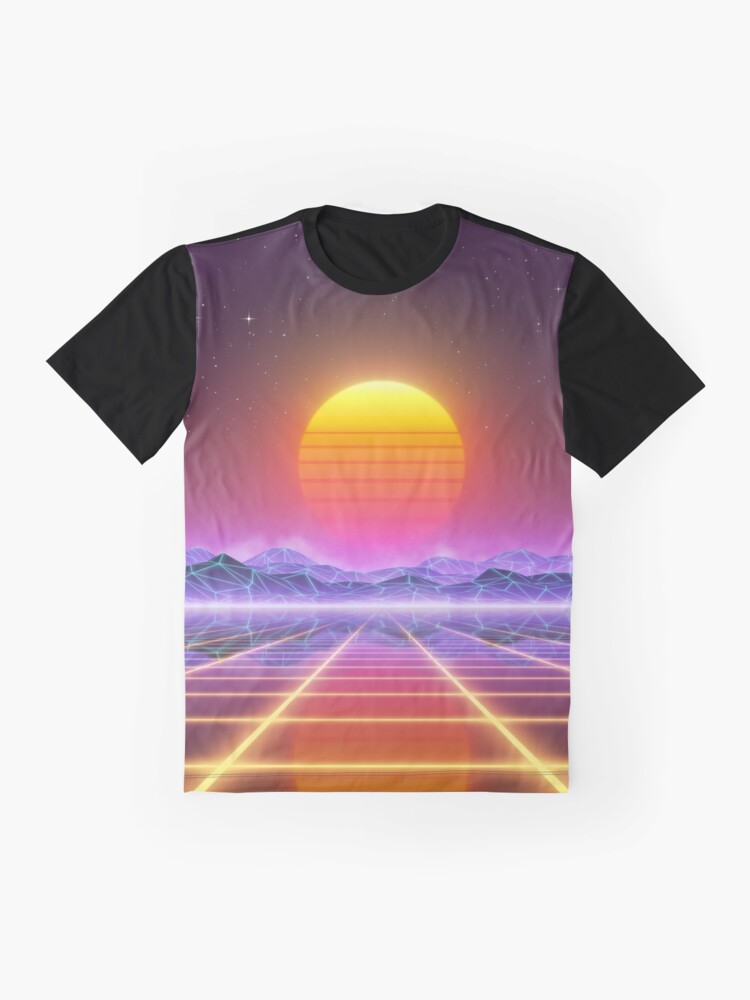 Alternate view of 80’s retro sun in synthwave landscape (Blue/Purple/Yellow) Graphic T-Shirt