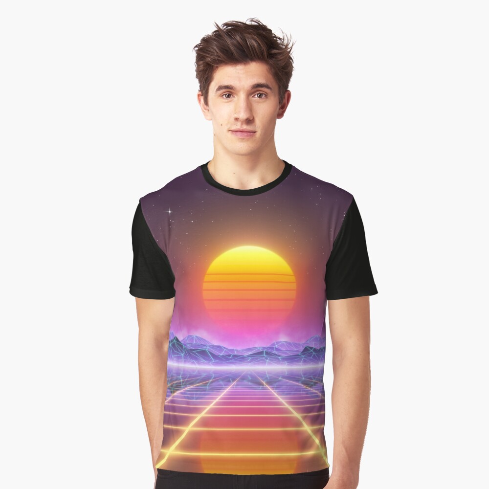 80’s retro sun in synthwave landscape (Blue/Purple/Yellow) Graphic T-Shirt