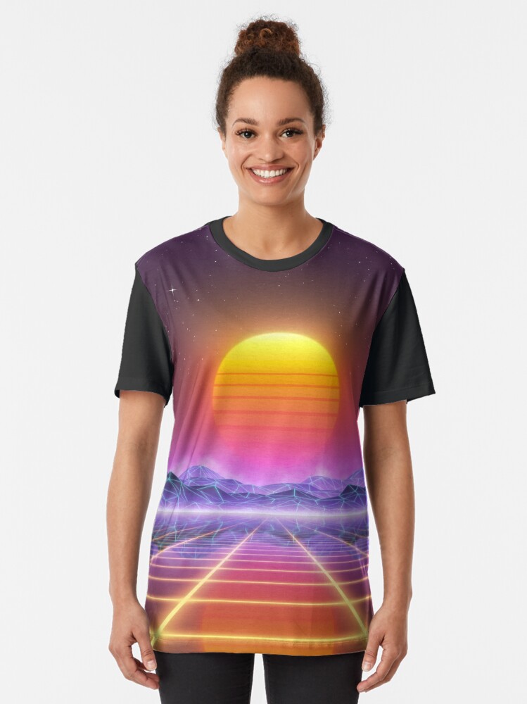 Alternate view of 80’s retro sun in synthwave landscape (Blue/Purple/Yellow) Graphic T-Shirt