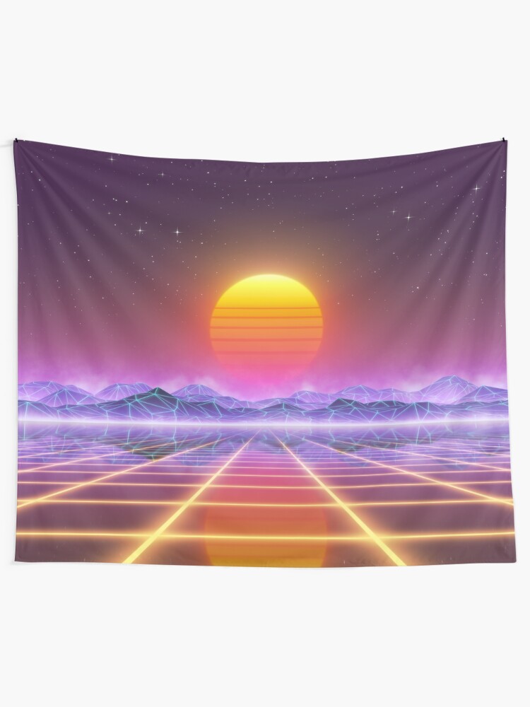 Alternate view of 80s retro sun in synthwave landscape (Blue/Purple/Yellow) Tapestry