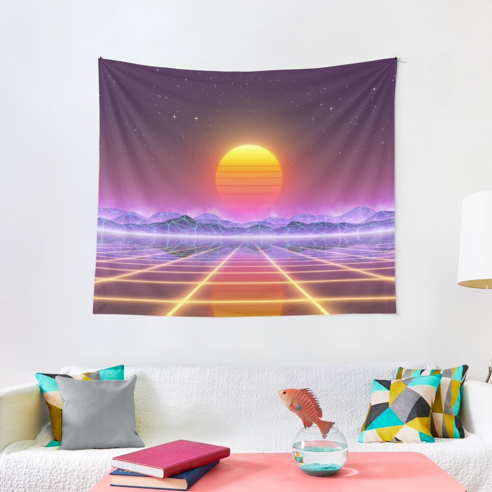 80s retro sun in synthwave landscape (Blue/Purple/Yellow) Tapestry