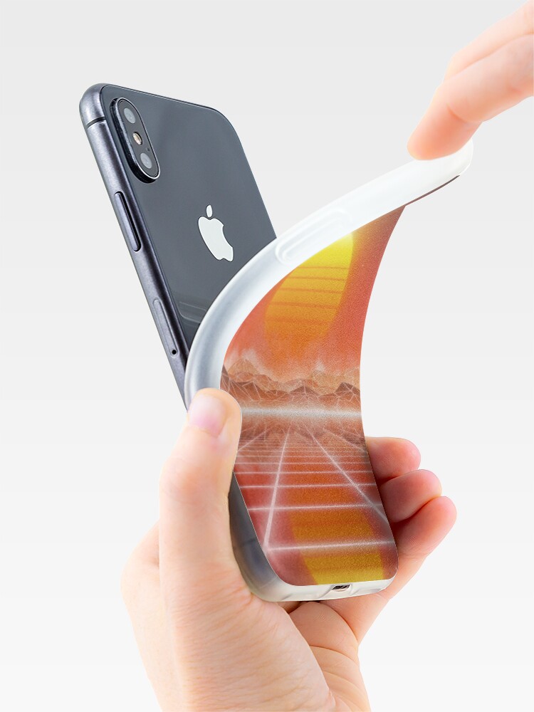 Alternate view of 80’s retro sun in synthwave landscape (Red) iPhone Case