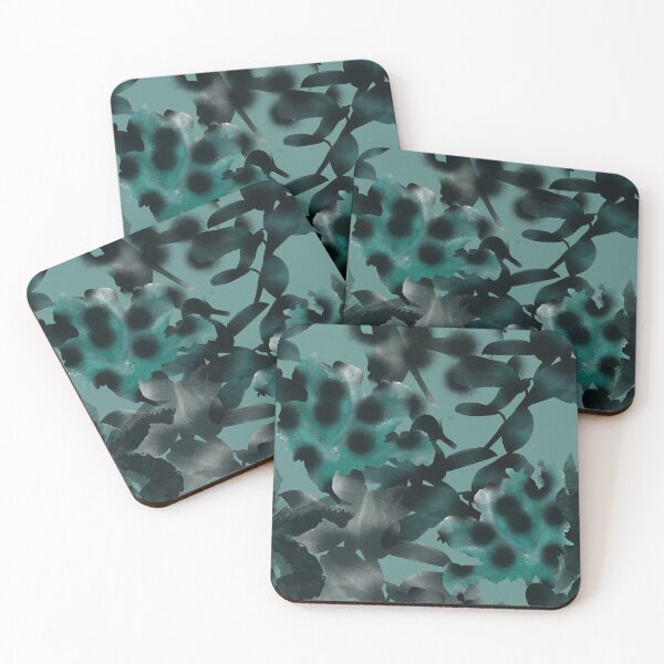 Item preview, Seamless abstract teal pattern in military style and tai-dye technique with large black peas stylized as a spray of paint. designed and sold by ANAKOTO.