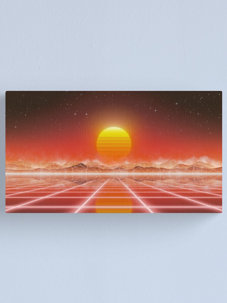 Alternate view of 80s retro sun in synthwave landscape (Red) Canvas Print
