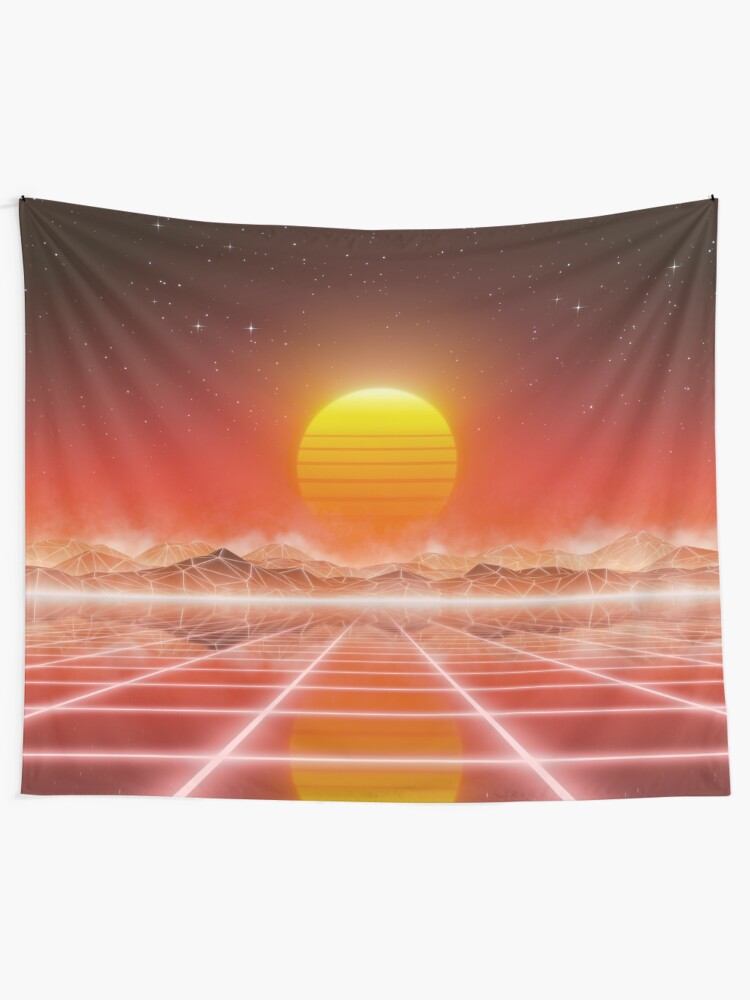 Alternate view of 80’s retro sun in synthwave landscape (Red) Tapestry