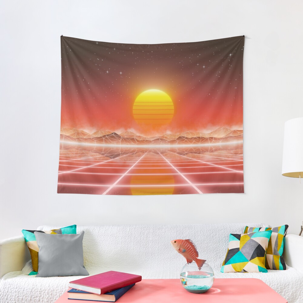 80’s retro sun in synthwave landscape (Red) Tapestry