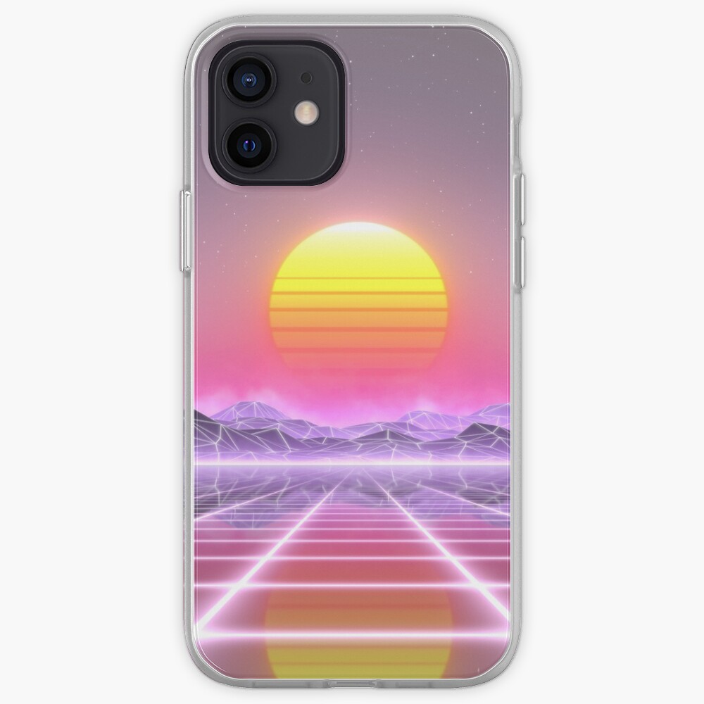 80s retro sun in synthwave landscape (Lilac/Purple/Pink) iPhone Case